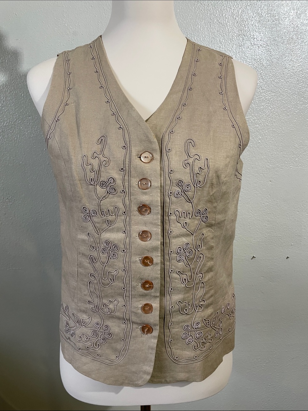 Stephanie Andrews Linen Embroidered Vest Beige Button Front Tie Back Small Boho